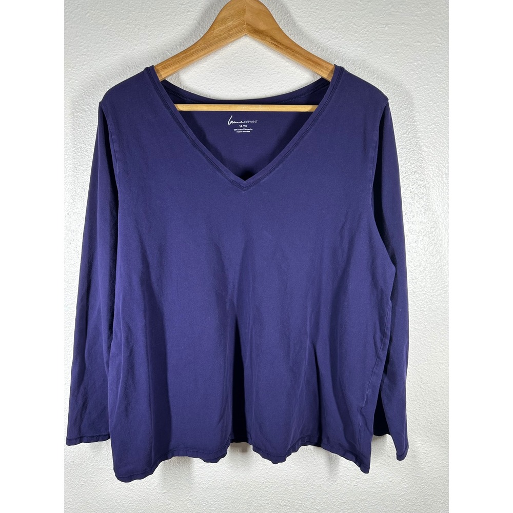 Lane Bryant Top Womens 14/16 Purple V-Neck Long Sleeve Cotton Blend Tee Basic